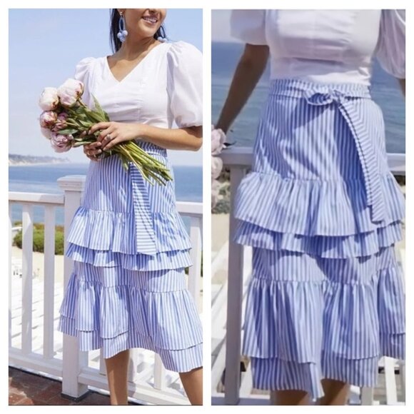 Rachel Parcell Dresses & Skirts - Rachel Parcell Blue & White Stripe Belted Stretch Cotton Tier Layer Skirt XL